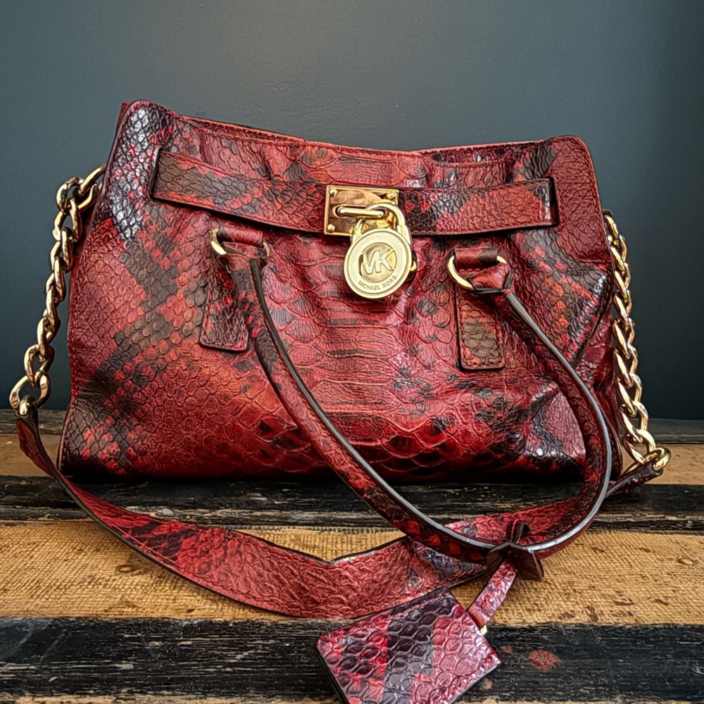 Michael Kors Red Snake-Embossed Leather Shoulder Bag with Gold Hardware